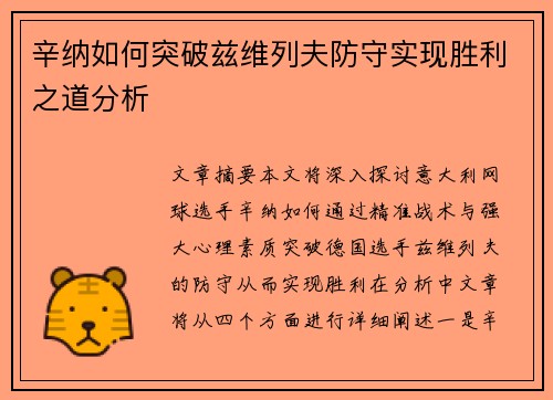 辛纳如何突破兹维列夫防守实现胜利之道分析 辛纳如何突破兹维列夫防守实现胜利之道分析