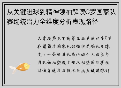 从关键进球到精神领袖解读C罗国家队赛场统治力全维度分析表现路径