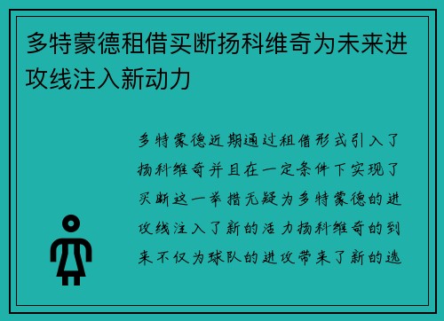 多特蒙德租借买断扬科维奇为未来进攻线注入新动力